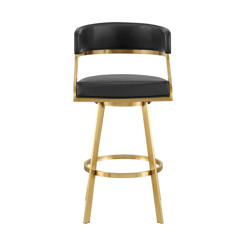 30" Faux Leather And Stainless Steel Low Back Bar Height Swivel Bar Chair - Black / Gold