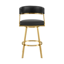 Load image into Gallery viewer, 30" Faux Leather And Stainless Steel Low Back Bar Height Swivel Bar Chair - Black / Gold
