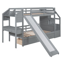 Load image into Gallery viewer, Twin over Twin Bunk Bed with Storage Staircase, Slide and Drawers, Desk with Drawers and Shelves, Gray
