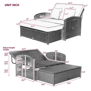 TOPMAX PE Wicker Rattan Double Chaise Lounge, 2-Person Reclining Daybed with Adjustable Back and Cushions, Free Furniture Protection Cover,Gray