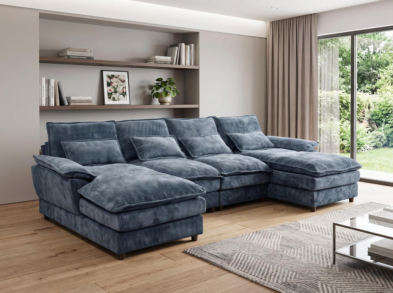 Chenille Modular U Shaped Four Piece Sofa And Chaise Sectional With Console And Toss Pillows - Blue