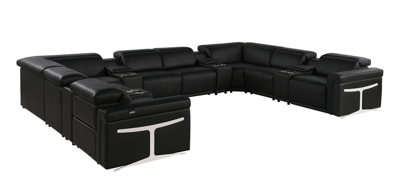 Italian Leather Power Reclining U Shaped Twelve Piece Sectional With Console - Black