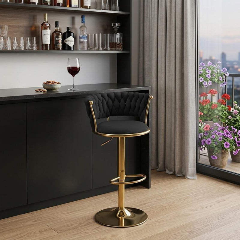 Velvet And Metal Low Back Adjustable Height Swivel Bar Chair - Black And Gold
