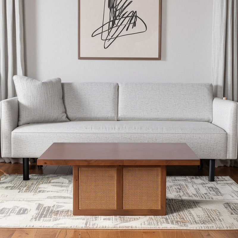 42" Solid Wood And Wicker Square Double Pedestal Coffee Table - Natural