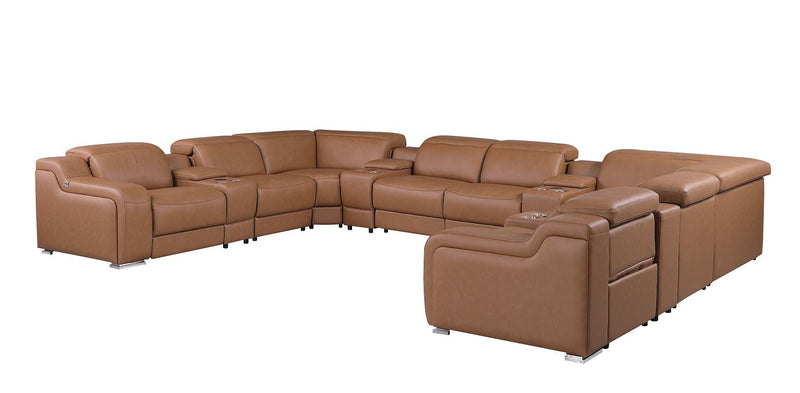 Italian Leather Power Reclining U Shaped Twelve Piece Corner Sectional With Console - Chestnut
