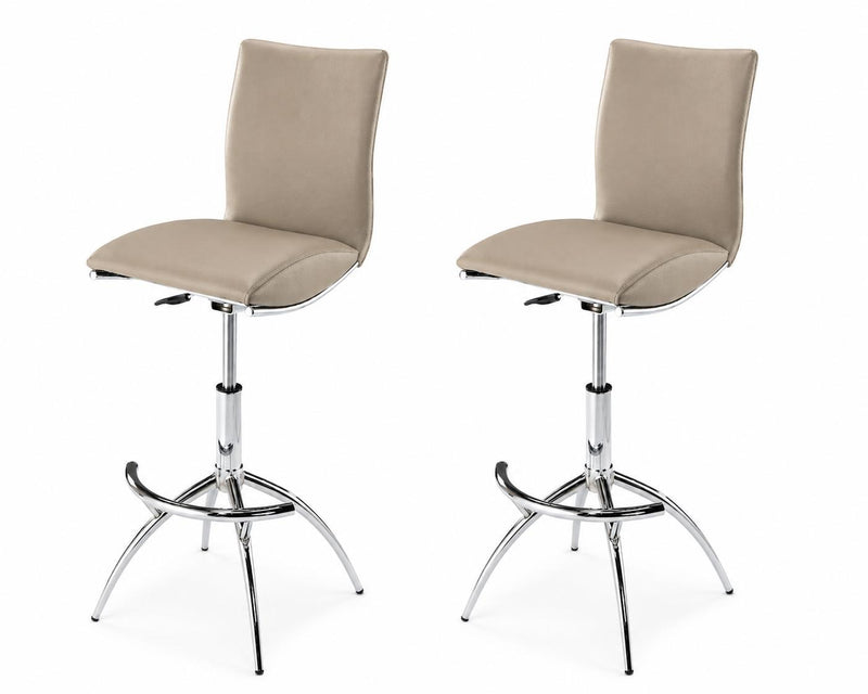 Faux Leather Chrome And Steel Adjustable Height Swivel Bar Chairs (Set of 2) - Taupe And Silver