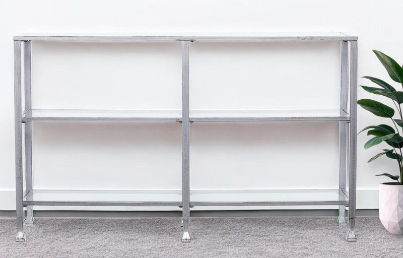 Glass Distressed Frame Console Table With Shelves - Clear / Silver