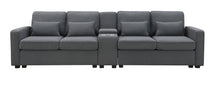 Load image into Gallery viewer, [VIDEO provided] [New] 114.2&quot; Upholstered Sofa with Console, 2 Cupholders and 2 USB Ports Wired or Wirelessly Charged, Modern Linen Fabric Couches with 4 Pillows for Living Room, Apartment (4-Seat)
