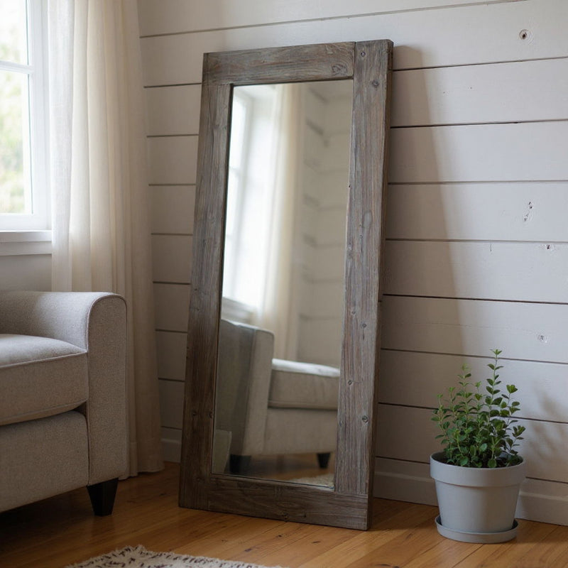 58" Solid Wood Freestanding And Wall Mount Accent Mirror - Dark Brown