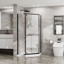 Load image into Gallery viewer, Neo Angle - Frameless Shower Door With White Acrylic Shower Base Combo - Matte Black
