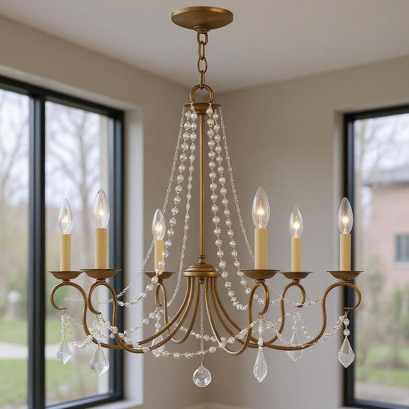 24" Six Light Dimmable Chandelier With Shades - Antiqued Gold