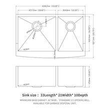 Load image into Gallery viewer, Double Bowl Sink 60 / 40 Split Apron Front Kitchen Sink In 16 Gauge With 2 10" Deep Basins 33" X21" X10" - Brushed Nickel
