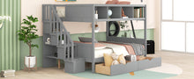 Load image into Gallery viewer, Twin over Full Bunk Bed with Shelfs, Storage Staircase and 2 Drawers, Gray
