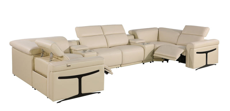 Power Reclining Italian Leather Eight Piece Corner Sectional With Console - Beige