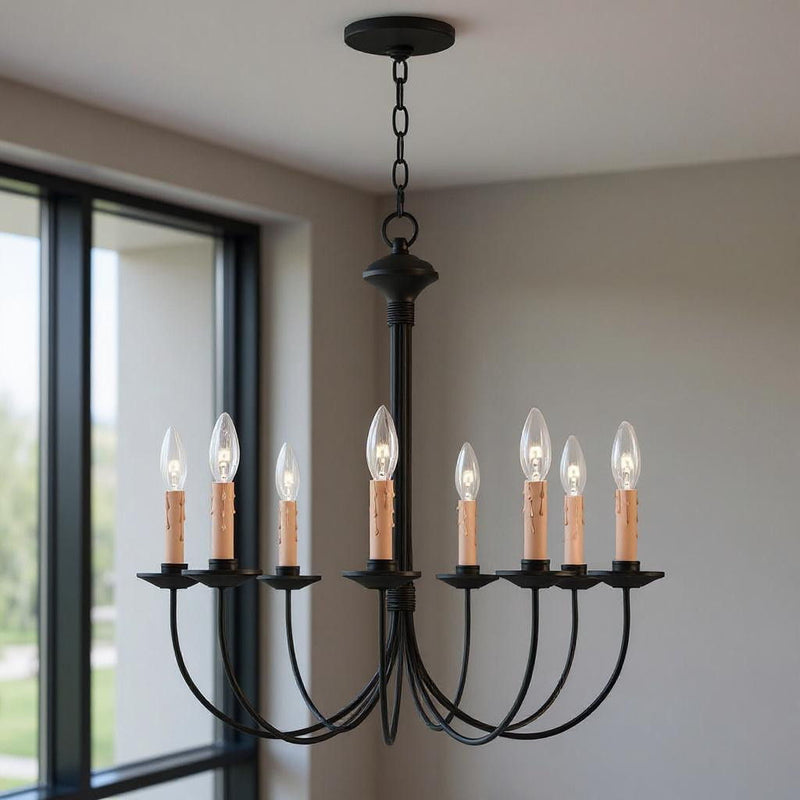 24" Eight Light Dimmable Chandelier With Shades - Black