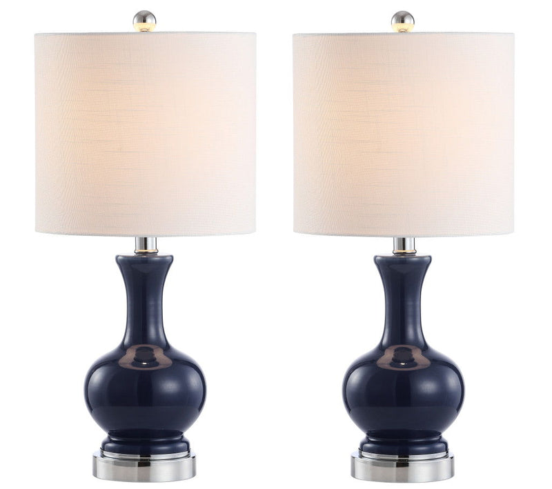 Gourd Bedside Lamps With Drum Shades (Set of 2) - Navy Blue / Silver / White