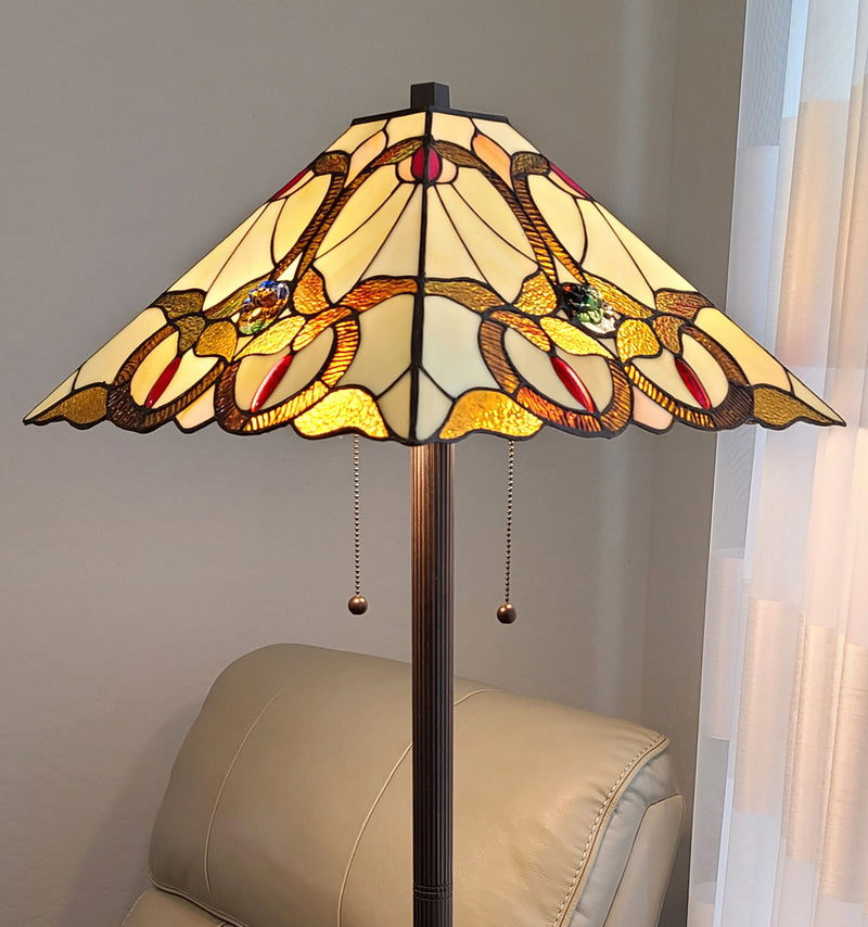 62" Two Lights Traditional Shaped Floor Lamp With Brown And White Stained Glass Cone Shade - Brown