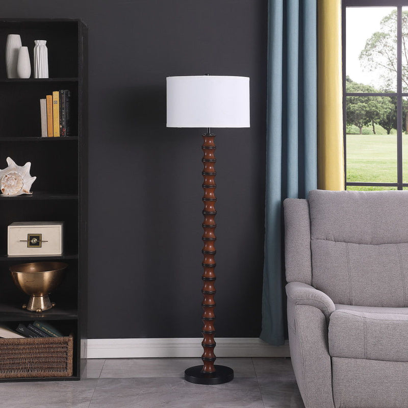 Resin Floor Lamp With White Fabric Drum Shade - Brown / White