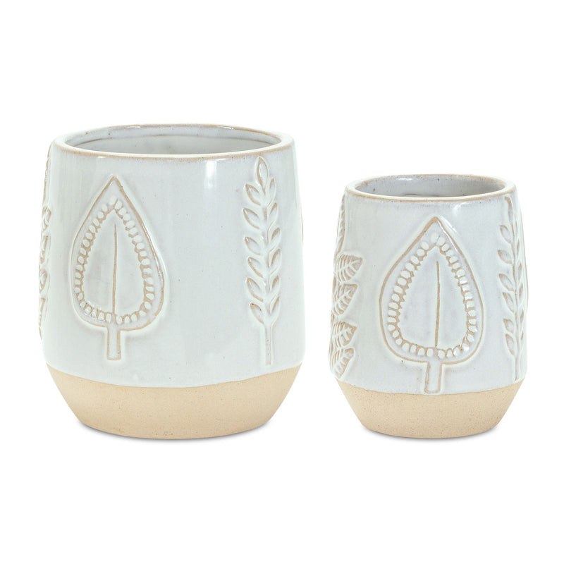 Porcelain Leaf Round Pot Planters (Set of 2) - Beige / Gray