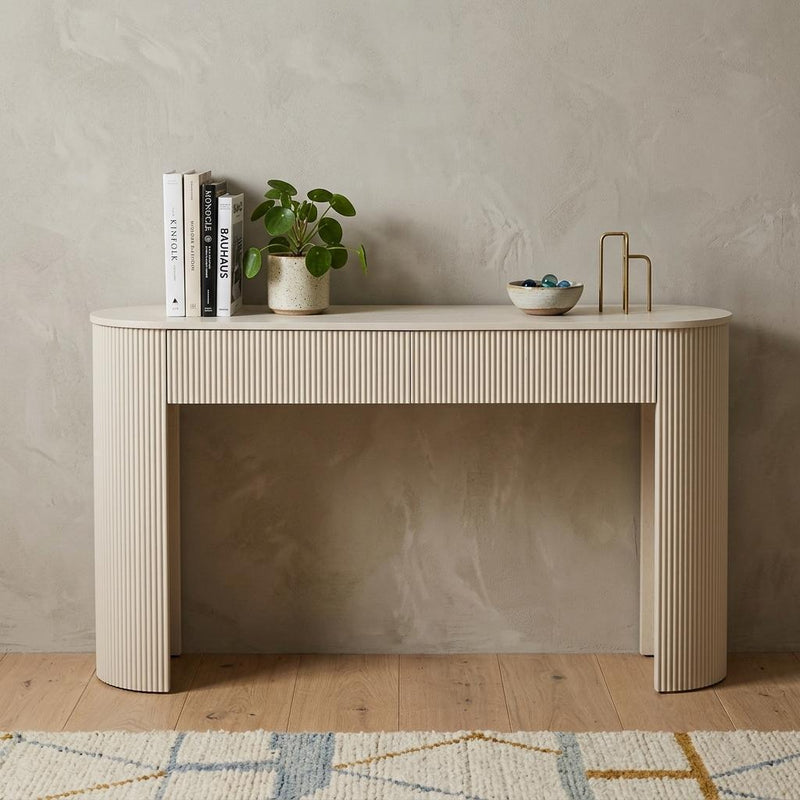 Oval Double Pedestal Console Table With Two Drawers - Off White