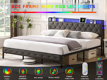 Load image into Gallery viewer, King Bed Frame with Storage Headboard, Charging Station and LED Lights, Upholstered Platform Bed with Heavy Metal Slats, No Box Spring Needed, Noise Free, Easy Assembly, Dark Gray
