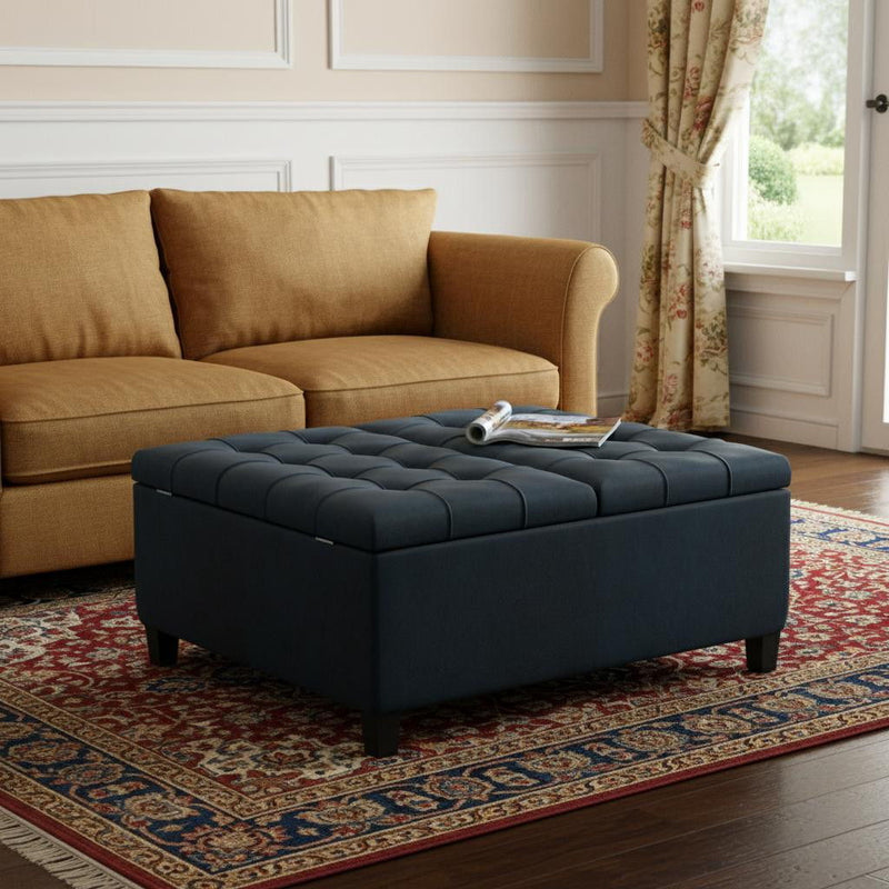 Leather Cocktail Ottoman With Storage - Blue / Espresso