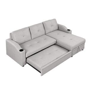 80.3" Orisfur. Pull Out Sofa Bed Modern Padded Upholstered Sofa Bed , Linen Fabric 3 Seater Couch with Storage Chaise and Cup Holder , Small Couch for Small Spaces