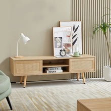 Load image into Gallery viewer, 55.12" Rattan TV Cabinet, Double Sliding Doors For Storage, Adjustable Shelf, Solid Wood Legs, TV Console For Living Room
