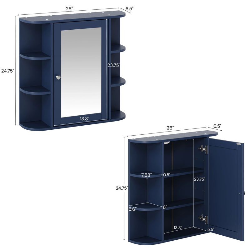 Bathroom Wall Storage Cabinet With Mirror And Adjustable Shelf, 6 Open Shelves