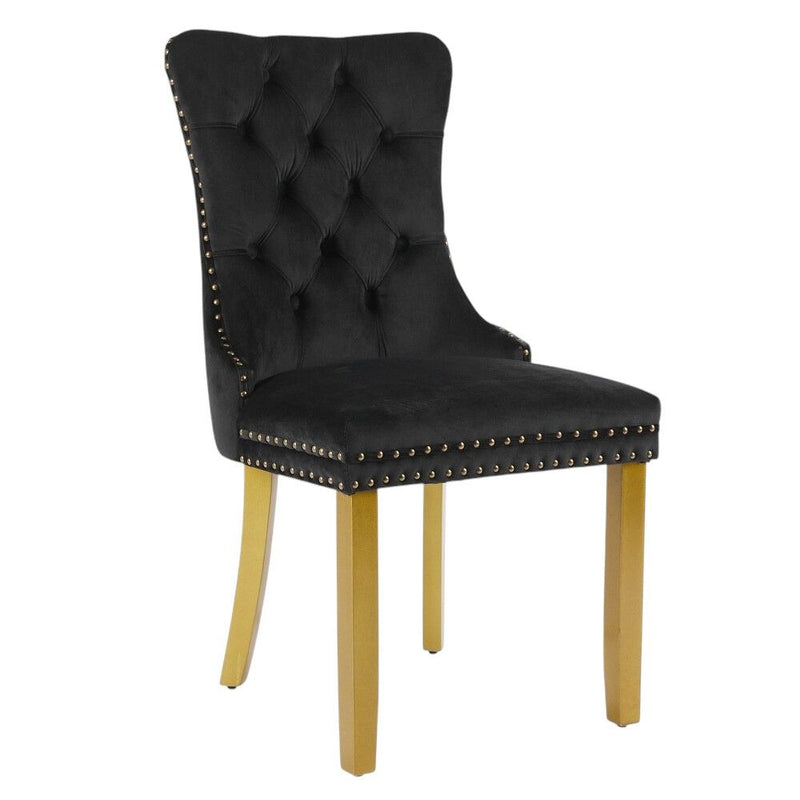 Tufted Velvet Solid Wood Dining Side Chairs (Set of 2) - Black / Gold