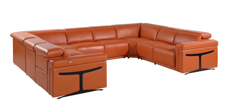 Italian Leather Power Reclining U Shaped Eight Piece Corner Sectional With Console - Camel