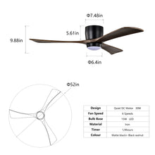 Load image into Gallery viewer, Flush Mount Blades Ceiling Fan With Lights Remote Control, Quiet DC Motor, 6 Speed, Reversible Ceiling Fan For Living Room - Matte Black
