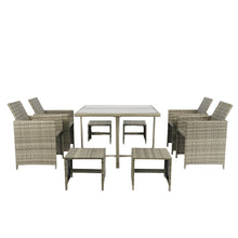 Load image into Gallery viewer, 9 Pieces Patio Dining Sets Outdoor Space Saving Rattan Chairs with Glass Table Patio Furniture Sets Cushioned Seating and Back Sectional Conversation Set Grey Wicker + Grey Cushion
