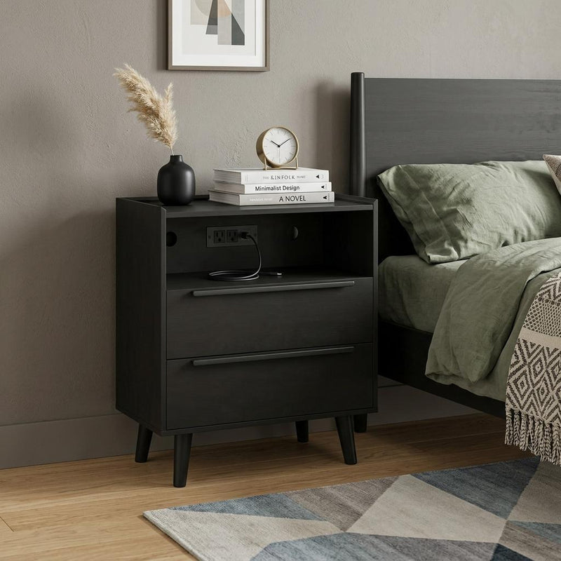 Wood Two Drawer Nightstand With USB Port And Integrated Tech (746970) - Black