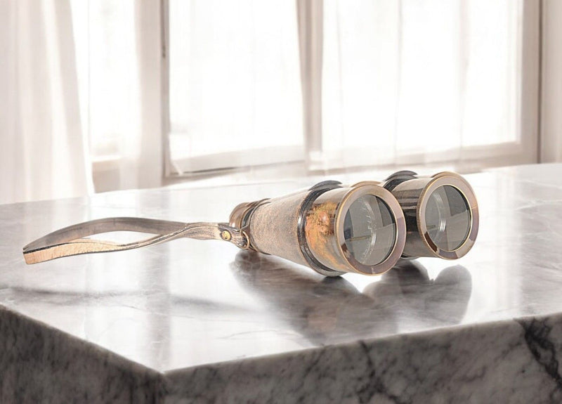 Leather Binoculars In Storage Box - Rust / Brass