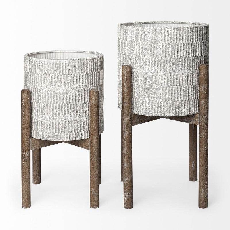 Round Elevated Planters (Set of 2) - Cream / Brown