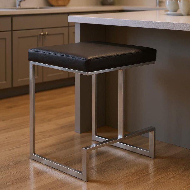 Faux Leather And Steel Backless Counter Height Bar Chair 24" - Black