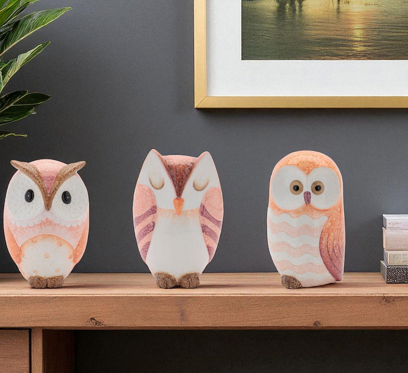 Owl Figurines (Set of 3) - Pink / Beige