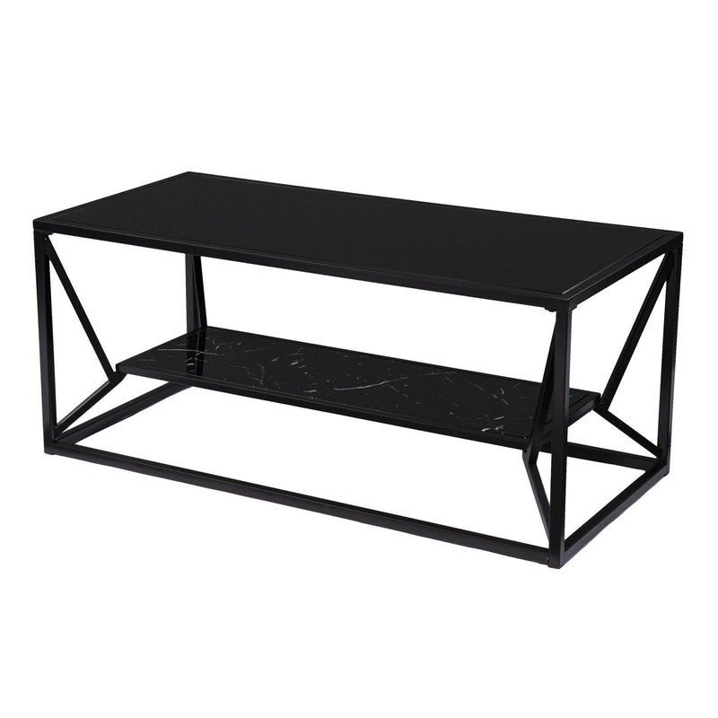 Glass Faux Marble Metal Coffee Table With Shelf - Black