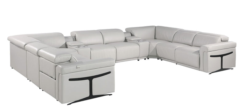Italian Leather Power Reclining U Shaped Ten Piece Corner Sectional With Console - Light Gray