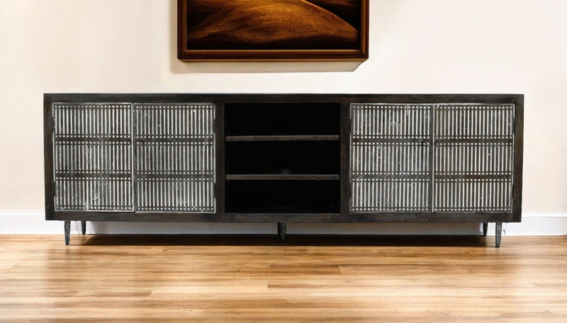 92" Carved Geometric Distressed Solid Wood Enclosed And Open Storage TV Stand - Dark Brown