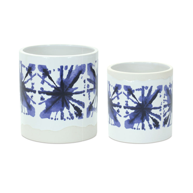 Abstract Round Pot Planters (Set of 2) - White / Blue
