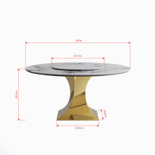 Load image into Gallery viewer, Luxury Round 59" Sintered Stone Dining Table With Stainless Steel Hourglass Base, Scratch &amp; Heat Resistant Surface - Golden / White
