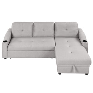 80.3" Orisfur. Pull Out Sofa Bed Modern Padded Upholstered Sofa Bed , Linen Fabric 3 Seater Couch with Storage Chaise and Cup Holder , Small Couch for Small Spaces