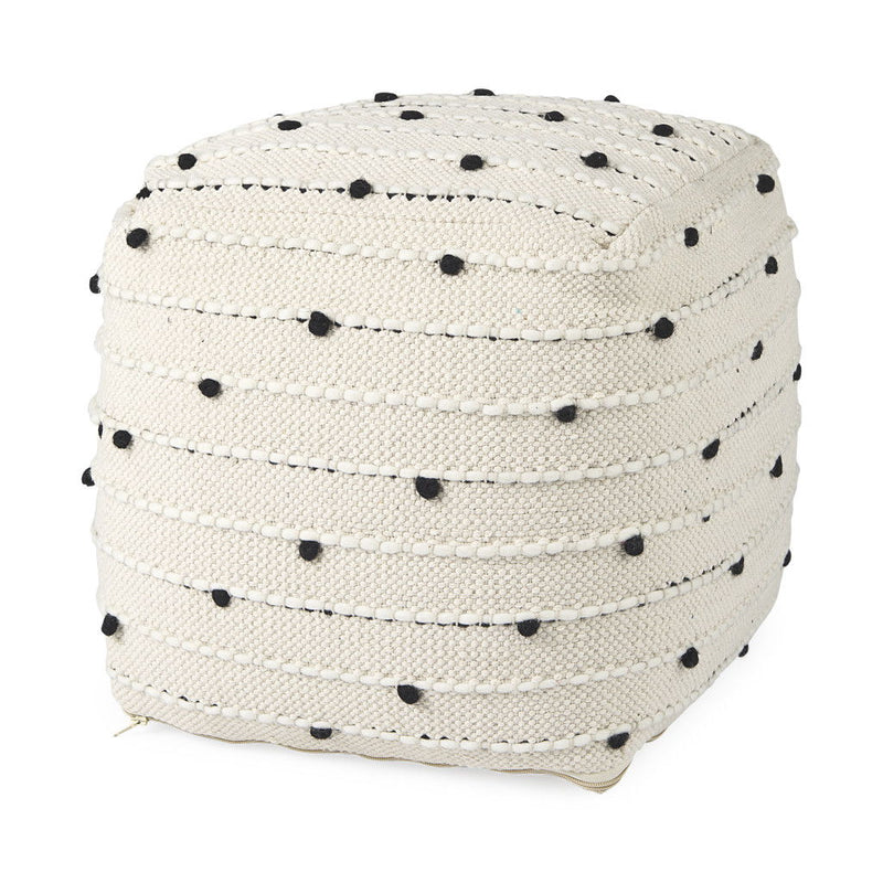 Fabric Polka Dots Round Pouf Ottoman - Cream / Black