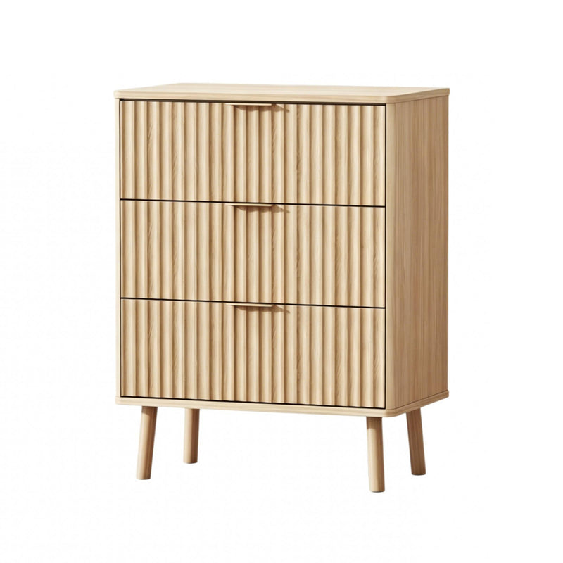 Wood Ribbed Texture Three Drawer Nightstand With USB - Natural