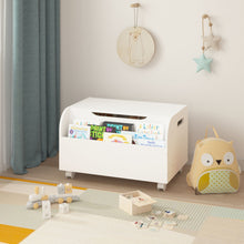 Load image into Gallery viewer, Toy Box With 4 Universal Wheels, Kids Playroom Storage Organizer With Front Bookshelf, Flip Top Lid, Safety Hinge - White
