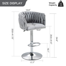 Load image into Gallery viewer, 360 Degree Swivel Bar Stools Adjustable Counter Height Bar Chairs With Woven Back &amp; Footrest, Silver Chromed Bar Stools For Kitchen Island (Set of 2) - Gray
