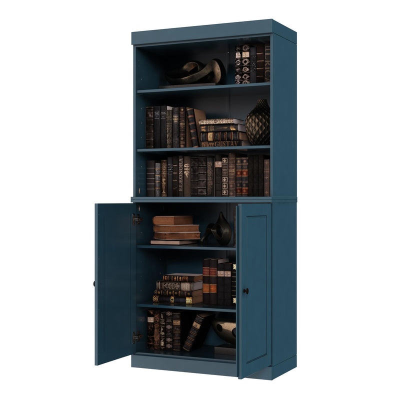 Solid Wood Adjustable Six Tier Library Bookcase With Two Doors - Teal Blue