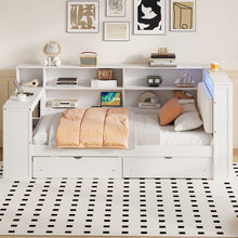 Load image into Gallery viewer, Platform Bed With Upholstered Headboard, Storage Shelves, Drawers, Charging Station, LED Lighting, Built In Desk
